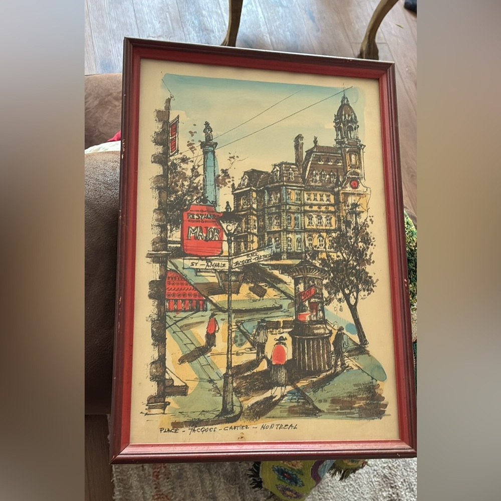 Vintage framed Lazo street scene in Place Jacques-Cartier, Montreal.